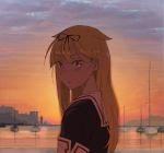  1girl architecture backlighting bangs black_ribbon black_serafuku blonde_hair blush boat building cloud cloudy_sky commentary_request eyebrows_visible_through_hair hair_between_eyes hair_flaps hair_ribbon highres kantai_collection lolipaedq long_hair looking_at_viewer mast mountain ocean outdoors parted_lips pier red_eyes reflection ribbon sailor_collar school_uniform serafuku silhouette sky solo sunset upper_body water watercraft white_sailor_collar yuudachi_(kantai_collection) 