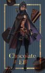 1girl amino_(tn7135) arrow black_gloves black_hair black_legwear bow bow_(weapon) breasts cake chocolate_cake cloak dark_elf earrings elf english_text food full_body gloves hair_between_eyes highres holding holding_bow_(weapon) holding_weapon hood hooded_cloak jewelry looking_at_viewer mole mole_under_mouth muffin original pointy_ears sideboob solo striped striped_background vertical-striped_background vertical_stripes weapon yellow_eyes 