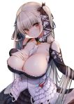  1girl azur_lane bangs bare_shoulders between_breasts black_dress blonde_hair blush breasts cleavage dress eyebrows_visible_through_hair formidable_(azur_lane) frilled_dress frills hair_ribbon hand_on_own_chest head_tilt highres jewelry large_breasts long_hair long_sleeves looking_at_viewer red_eyes ribbon rigging skirt_hold solo twintails two-tone_dress two-tone_ribbon very_long_hair west_24 