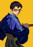  1boy black_hair blue_kimono cowboy_shot dr._stone from_behind glasses green_eyes highres holding holding_sword holding_weapon japanese_clothes katana kimono kinro_(dr._stone) long_sleeves serious short_hair simple_background solo sword tamomoko weapon wide_sleeves yellow_background 