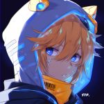  1boy aotu_world barcode black_background blue_eyeshadow cracked_skin cracked_wall face glowing hair_between_eyes highres hood hood_up male_focus orange_hair parted_lips quail0503 signature simple_background solo 