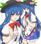  1girl anger_vein bangs black_headwear blue_hair blue_skirt food_themed_hair_ornament frills hair_between_eyes hair_ornament hinanawi_tenshi long_hair looking_at_viewer multiple_views open_mouth peach_hair_ornament red_eyes red_ribbon ribbon shirt shiseki_hirame short_sleeves skirt touhou translation_request white_shirt 