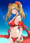  1girl bikini blonde_hair blue_eyes blue_sky bracelet breasts earrings flower granblue_fantasy grin hair_flower hair_ornament jewelry kaitara_deru o-ring o-ring_bikini red_bikini shawl side-tie_bikini sky smile swimsuit twintails zeta_(granblue_fantasy) 