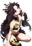  1girl armlet asymmetrical_clothes asymmetrical_legwear asymmetrical_sleeves bare_shoulders black_hair commentary_request crown crystal earrings fate/grand_order fate_(series) hair_ornament hoop_earrings ishtar_(fate/grand_order) jewelry long_hair looking_at_viewer pakotaroh red_eyes shiny shiny_skin simple_background solo twintails white_background 