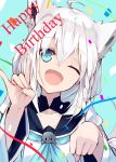  1girl ;d ahoge animal_ear_fluff animal_ears bangs blue_background blue_eyes blue_neckwear braid commentary confetti detached_sleeves fox_ears fox_shadow_puppet hair_between_eyes happy_birthday highres hololive jewelry long_hair looking_at_viewer nagishiro_mito one_eye_closed open_mouth sailor_collar shirakami_fubuki side_braid simple_background single_earring smile solo virtual_youtuber white_hair 