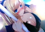  1girl bikini blonde_hair blue_eyes blush breast_tattoo breasts closed_mouth demon_girl demon_horns demon_wings eyebrows_visible_through_hair fumihiko_(pixiv2658856) grabbing hololive horns large_breasts long_hair smile swimsuit tattoo underwear virtual_youtuber wings yuzuki_choco 