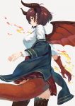  1girl black_legwear blue_jacket breasts brown_eyes brown_hair center_frills closed_mouth curled_horns dragon_girl dragon_horns dragon_tail dragon_wings fire frills granblue_fantasy grea_(shingeki_no_bahamut) grey_background hair_between_eyes horns jacket jacket_pull long_sleeves medium_breasts pleated_skirt profile red_skirt red_wings scales shingeki_no_bahamut shirt simple_background skirt solo tail thighhighs wasabi60 white_shirt wings 