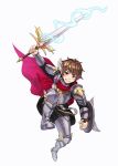  1boy armor armored_boots blush bodoi boots brown_eyes brown_hair cape copyright_name electricity full_body hair_ornament knights_chronicle longsword official_art shield solo sword teeth theo_(knights_chronicle) weapon white_background 