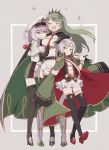  3girls azur_lane bangs beret black_legwear blunt_bangs blush breasts brown_eyes cape closed_mouth cocoadrive commentary conte_di_cavour_(azur_lane) dress earrings eyebrows_visible_through_hair full_body giulio_cesare_(azur_lane) gloves green_coat green_hair grey_hair hat headgear high_heels jacket_on_shoulders jewelry large_breasts littorio_(azur_lane) long_hair multicolored_hair multiple_girls pantyhose peaked_cap red_eyes red_hair shaded_face short_hair sidelocks smile sparkle streaked_hair thighhighs twintails yellow_eyes 