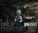  1girl alternate_costume an-94 an-94_(girls_frontline) assault_rifle black_dress black_gloves blue_eyes breasts chinese_commentary closed_mouth cup dress english_text girls_frontline gloves grey_hair gun highres holding holding_cup instrument light_particles long_dress looking_at_viewer mai_(xskdizzy) medium_hair piano rifle shadow small_breasts standing weapon 