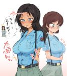  2girls aoshidan_(emblem) aoshidan_school_uniform arms_behind_back bangs belt black_belt black_hair blue_shirt blunt_ends blush breasts brown_hair closed_mouth collared_shirt commentary dark_skin el_(girls_und_panzer) eyebrows_visible_through_hair frown girls_und_panzer green_eyes green_skirt hair_intakes half-closed_eyes hands_on_own_stomach highres large_breasts long_hair looking_down motion_lines multiple_girls notice_lines pleated_skirt school_uniform shirt short_sleeves skirt standing suspender_skirt suspenders sweatdrop swept_bangs toku_(yhpv8752) translated tristana_(girls_und_panzer) 