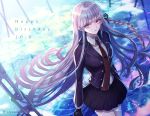  1girl artist_name bangs black_gloves black_skirt braid breasts commentary_request danganronpa danganronpa_1 dated gloves hair_ornament hair_ribbon happy_birthday jacket kirigiri_kyouko large_breasts long_hair looking_at_viewer necktie pleated_skirt purple_eyes purple_hair purple_jacket red_neckwear ribbon shirt single_braid skirt solo white_shirt z-epto_(chat-noir86) 