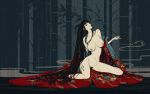  1girl black_hair breasts groin highres hime_cut ichihara_yuuko japanese_clothes kimono kiseru long_hair looking_at_viewer navel nipples nude open_clothes open_kimono pipe pubic_hair red_eyes red_nails sitting smile smoke very_long_hair wariza xxxholic zjl_baiqishi 