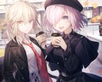  2girls artoria_pendragon_(all) black_coat blonde_hair blush breasts closed_mouth coat coffee_cup collarbone collared_shirt cup disposable_cup eyebrows_visible_through_hair fate/grand_order fate_(series) hair_over_one_eye haizome_senri large_breasts long_sleeves looking_at_viewer mash_kyrielight medium_breasts multiple_girls necktie parted_lips purple_eyes purple_hair red_neckwear saber_alter shirt short_hair smile white_shirt yellow_eyes 