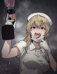  1girl bangs black_eyes blonde_hair breasts forked_tongue gloves hat mask_pull nurse nurse_cap open_mouth piercing solo tears tkhs tongue tongue_out tongue_piercing white_gloves 