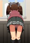  1girl absurdres armband ass bent_over black_legwear black_skirt brown_hair bulletin_board feet_out_of_frame flat_ass from_behind highres indoors japanese_clothes kantai_collection kariginu kneehighs knees_together_feet_apart long_hair long_sleeves miniskirt namakura_neo panties pleated_skirt ryuujou_(kantai_collection) safety_pin skirt solo striped striped_panties thigh_gap twintails underwear upskirt visor_cap wainscoting 