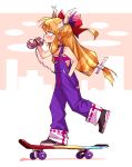  1girl blush bow cityscape cuffed drinking gourd hand_in_pocket horns ibuki_suika long_hair looking_to_the_side multicolored_footwear orange_hair overalls pants pants_rolled_up purple_overalls red_bow sarashi shimizu_pem shoes skateboard skateboarding slit_pupils sneakers solo touhou 