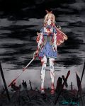  1girl arrow blonde_hair blood blood_on_face blue_cattail bow bowtie gloves green_eyes long_hair open_mouth sartha solo sword tales_of_erin thighhighs torn_clothes weapon 