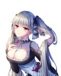  1girl azur_lane bangs between_breasts black_dress black_ribbon breasts cleavage closed_mouth detached_collar dress earrings eyebrows_visible_through_hair formidable_(azur_lane) hair_ribbon highres holding holding_hair jewelry large_breasts long_hair looking_at_viewer meng_xiao_jiong red_eyes ribbon silver_hair simple_background solo twintails two-tone_dress two-tone_ribbon white_background white_dress white_ribbon 