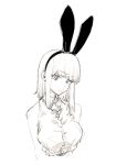  1girl animal_ears black_hairband breasts bunny_ears closed_mouth commentary_request dagashi_kashi hair_ornament hairband highres kotoyama looking_at_viewer medium_hair monochrome ringed_eyes shidare_hotaru shirt simple_background solo white_background 