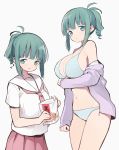  1girl :o bangs bikini bikini_under_clothes blue_bikini blush breasts cleavage drill_hair eyebrows_visible_through_hair green_eyes green_hair groin highres holding itsumi_(itumiyuo) jacket large_breasts long_sleeves looking_at_viewer multiple_views navel off_shoulder open_clothes open_jacket parted_lips pleated_skirt purple_jacket red_neckwear red_skirt sailor_collar saki school_uniform serafuku shirt short_sleeves sidelocks skirt sleeves_past_wrists smile swimsuit takimi_haru white_sailor_collar white_shirt 