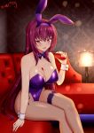  1girl animal_ears bunny_ears bunny_girl bunnysuit couch covered_navel cup detached_collar drinking_glass fake_animal_ears fate/grand_order fate_(series) fishnet_pantyhose fishnets hair_intakes holding holding_cup indoors leg_garter leotard long_hair pantyhose pouring_onto_self ppshex purple_hair purple_leotard red_eyes scathach_(fate)_(all) scathach_(fate/grand_order) sitting solo strapless strapless_leotard wine_glass wrist_cuffs 