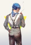  1boy ass blue_hair cigarette cowboy_shot cu_chulainn_(fate/grand_order) earrings fate/grand_order fate_(series) from_behind grey_pants hand_on_hip highres holding holding_cigarette jewelry lancer long_hair long_sleeves looking_back open_mouth pants ponytail profile red_eyes shirt smile smoke smoking solo suspenders tamomoko triangle white_shirt 