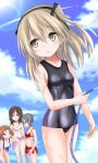  4girls :o azumi_(girls_und_panzer) bangs bikini bikini_shorts black_hair black_ribbon black_school_swimsuit black_swimsuit blue_bikini blue_eyes blue_sky breasts brown_eyes brown_hair commentary_request covered_navel day droplet eyebrows_visible_through_hair front-tie_bikini front-tie_top girls_und_panzer glasses grey_hair hair_ribbon hand_in_hair hand_on_own_knee highres holding holding_hose langley1000 leaning_forward light_brown_eyes light_brown_hair long_hair looking_at_another looking_back megumi_(girls_und_panzer) multiple_girls one-piece_swimsuit one_eye_closed one_side_up open_mouth outdoors partial_commentary purple_sarong red_bikini ribbon rumi_(girls_und_panzer) sarong school_swimsuit shimada_arisu shiny shiny_clothes shorts sky small_breasts smile swept_bangs swimsuit white_bikini 