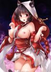  1girl absurdres animal_ear_fluff animal_ears azur_lane bangs black_hair blush breasts breasts_outside cameltoe cat_ears cat_tail chiyingzai ears_through_headwear eyebrows_visible_through_hair fang hands_up highres hood image_sample japanese_clothes kimono large_breasts long_sleeves nipples no_bra open_mouth panties paw_pose pussy_juice red_eyes replaceme solo tail thighhighs underwear white_legwear wide_sleeves yamashiro_(azur_lane) yamashiro_(bridal_attack!)_(azur_lane) yandere_sample 