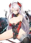  1girl antenna_hair azur_lane bangs blush breasts breasts_outside covering covering_crotch damaged eyebrows_visible_through_hair gloves hair_between_eyes headgear iron_cross large_breasts leotard long_hair long_sleeves looking_at_viewer luse_maonang mole mole_on_breast multicolored_hair one_eye_closed open_mouth prinz_eugen_(azur_lane) red_hair rigging silver_hair simple_background sitting skindentation smoke solo streaked_hair thighhighs torn_clothes two_side_up very_long_hair white_background 