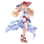  1girl aki_rosenthal alternate_costume arm_up armband armpits bangs bikini blonde_hair breasts collaboration dawn_of_the_breakers detached_hair eyebrows_visible_through_hair floating_hair flower full_body groin hand_on_hip hat hibiscus highres hololive long_hair looking_at_viewer medium_breasts navel official_alternate_costume official_art one_eye_closed open_mouth parted_bangs purple_eyes sandals solo sun_hat swimsuit twintails virtual_youtuber wakaba white_background 
