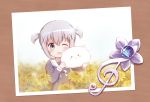  1girl ;d angora_rabbit animal bangs blue_dress blue_eyes blue_hair blurry blurry_background blurry_foreground blush bunny dandelion depth_of_field dress eyebrows_visible_through_hair field flower flower_field glint gochuumon_wa_usagi_desu_ka? goth_risuto hair_between_eyes hands_up holding holding_animal kafuu_chino long_sleeves looking_at_viewer one_eye_closed open_mouth photo_(object) sailor_collar sailor_dress sidelocks smile tippy_(gochiusa) two_side_up white_sailor_collar yellow_flower 