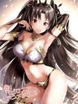  1girl armlet armpits asymmetrical_legwear asymmetrical_sleeves ayakawa_riku bangs bare_shoulders black_hair commentary_request crown detached_sleeves earrings fate/grand_order fate_(series) hair_ornament hoop_earrings ishtar_(fate/grand_order) jewelry lips long_hair looking_at_viewer navel parted_lips red_eyes shiny shiny_skin solo 