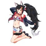  1girl alternate_costume alternate_hairstyle animal_ears bikini black_hair black_sleeves breasts collaboration dawn_of_the_breakers hair_ornament hairclip highres hololive jacket long_hair long_ponytail long_sleeves medium_breasts multicolored_hair navel official_alternate_costume official_art one_eye_closed ookami_mio ponytail sandals short_shorts shorts solo swimsuit tail two-tone_hair very_long_hair virtual_youtuber wakaba white_background white_bikini_bottom wolf_ears wolf_girl wolf_tail yellow_eyes 