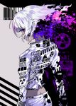  1girl back barcode berryverrine highres looking_back original paint_splatter purple_eyes short_hair sign solo standing torn_clothes warning_sign white_hair 