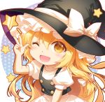  1girl ;d apron bangs black_headwear black_vest blonde_hair blush bow chibi commentary eyebrows_visible_through_hair hair_between_eyes hand_up hat hat_bow kirisame_marisa long_hair looking_at_viewer one_eye_closed open_mouth polka_dot puffy_short_sleeves puffy_sleeves shangguan_feiying shirt short_sleeves simple_background smile solo star touhou upper_body very_long_hair vest w white_apron white_background white_bow white_shirt witch_hat yellow_eyes 