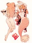  2girls arms_up bangs breasts brown_eyes dated eyebrows_visible_through_hair fish from_behind full_body highres large_breasts long_hair mermaid monochrome monster_girl multiple_girls navel nipples nude orange_hair orange_theme original parted_lips poch4n reverse_mermaid very_long_hair 