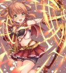  1girl belt blush bow brown_hair capelet detached_sleeves fire gatchapowa gloves glowing green_eyes hair_ornament hair_rings inosaki_rino looking_at_viewer medium_hair midriff navel open_mouth princess_connect! princess_connect!_re:dive shorts shorts_under_skirt simple_background solo 
