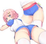  1girl :d ahoge ass bed_sheet blue_eyes blue_shorts blush boyshorts braid breasts commentary_request dan_(kumadan) eyebrows_visible_through_hair fang from_behind hair_ornament highres looking_at_viewer looking_back lying medium_breasts multiple_views navel on_stomach open_mouth original panties panty_peek pink_hair raglan_sleeves red_panties revision shirt short_hair short_shorts shorts sidelocks smile thighhighs thighs twitter_username underwear white_background white_legwear white_shirt x_hair_ornament 