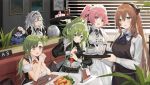  6+girls alternate_costume apron broccoli brown_hair cake closed_eyes contender_(girls_frontline) cup dog drinking_glass food g28_(girls_frontline) gepard_m1_(girls_frontline) girls_frontline green_hair iced_tea ketchup m1903_springfield_(girls_frontline) m950a_(girls_frontline) maid maid_apron maid_headdress multiple_girls ntw-20_(girls_frontline) official_art omurice pink_hair plate platinum_blonde_hair smile suisai table teacup teapot thumbs_up window 