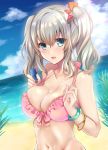  1girl alternate_costume beach blue_eyes blue_sky blush breasts cloud gomi_(hentai66) gradient_sky kantai_collection kashima_(kantai_collection) large_breasts looking_at_viewer navel ocean open_mouth pink_bikini_top sidelocks silver_hair sky smile solo swimsuit twintails wavy_hair 