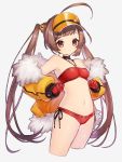  1girl ahoge alternate_costume azur_lane bikini breasts brown_hair cape commentary_request expressionless gloves hair_ornament highres jacket long_hair navel ping_hai_(azur_lane) ping_hai_(merry_summer)_(azur_lane) red_eyes red_gloves simple_background small_breasts solo swimsuit twintails white_background zumi_tiri 