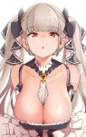  1girl :o azur_lane bangs bare_shoulders between_breasts black_dress blush breasts cleavage dress eyebrows_visible_through_hair formidable_(azur_lane) frilled_dress frills grey_hair hair_ribbon highres large_breasts long_hair long_sleeves looking_at_viewer red_eyes ribbon solo thomasz twintails two-tone_dress two-tone_ribbon upper_body very_long_hair 