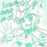  1girl 6 :d akatsuki_kirika artist_name breasts counting dated eyebrows_visible_through_hair gloves green_theme h-new headgear index_finger_raised looking_at_viewer medium_breasts monochrome number open_hand open_mouth senki_zesshou_symphogear simple_background smile solo translation_request 