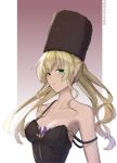  1girl artist_name bangs bare_shoulders blonde_hair breasts cleavage code_vein collarbone commentary eyebrows_visible_through_hair frown fur_hat green_eyes hat highres long_hair looking_at_viewer medium_breasts mia_karnstein nstch_root_a off_shoulder solo twintails 