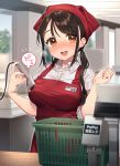  1girl apron bangs basket blush breasts brown_eyes brown_hair commentary_request eyebrows_visible_through_hair heart highres indoors large_breasts long_hair original ponytail red_apron red_headwear sakura_yuki_(clochette) scanner shirt smile solo translation_request upper_teeth white_shirt 