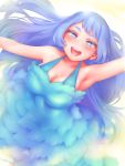  1girl arm_up armpits bangs blue_dress blue_eyes blue_hair blush boku_no_hero_academia breasts cleavage collarbone dress eyelashes floating_hair from_above hadou_nejire hair_intakes highres large_breasts long_hair looking_at_viewer looking_up open_mouth outstretched_arms round_teeth shpo sleeveless sleeveless_dress smile solo standing swept_bangs teeth tongue very_long_hair yellow_background 