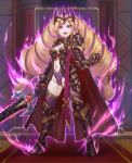  1girl alternate_costume armor aura blonde_hair breasts cleavage crown dark_aura dark_persona elise_(fire_emblem) fire_emblem fire_emblem_fates full_body highres holding holding_sword holding_weapon leebigtree long_hair multicolored_hair navel open_mouth purple_eyes purple_hair solo sword throne twintails weapon 