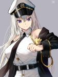  1girl aiguillette azur_lane bangs bare_shoulders belt bird black_belt black_coat black_neckwear blue_eyes breasts buttons closed_mouth coat collared_shirt enterprise_(azur_lane) grey_background hair_between_eyes hat highres large_breasts long_hair military_hat oekakizuki off_shoulder open_clothes open_coat peaked_cap shirt silver_hair simple_background sleeveless sleeveless_shirt smile white_headwear white_shirt 