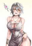  1girl bandaged_arm bandages bracelet breasts burn_scar choker cleavage code_vein collarbone contrapposto deep_skin dress dress_lift fangs hair_between_eyes head_tilt heart hessra highres io_(code_vein) jewelry large_breasts leg_scar looking_at_viewer medium_hair necklace no_bra pendant scar silver_hair solo spaghetti_strap spoken_heart torn_clothes torn_dress vampire wide_hips yellow_eyes 
